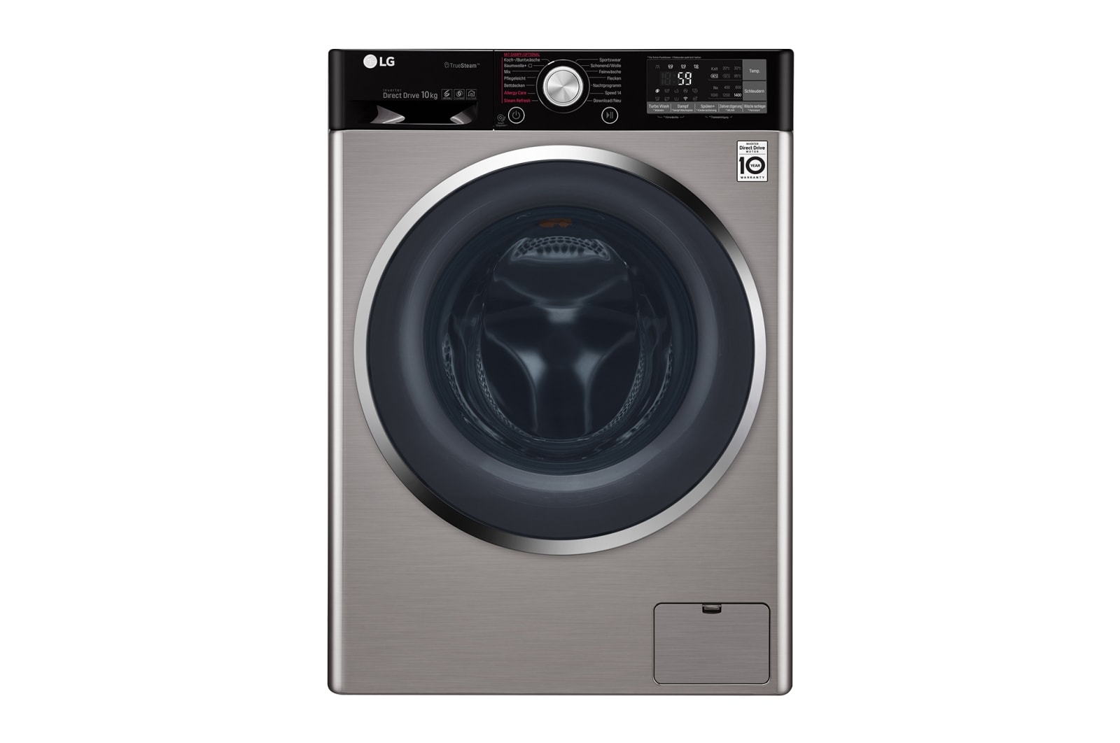 Vorderseite von Waschmaschine | Serie 9 | 10 kg | TrueSteam™ | TurboWash™ | SmartThinQ™ | Edelstahl-Optik F14WM10TT6