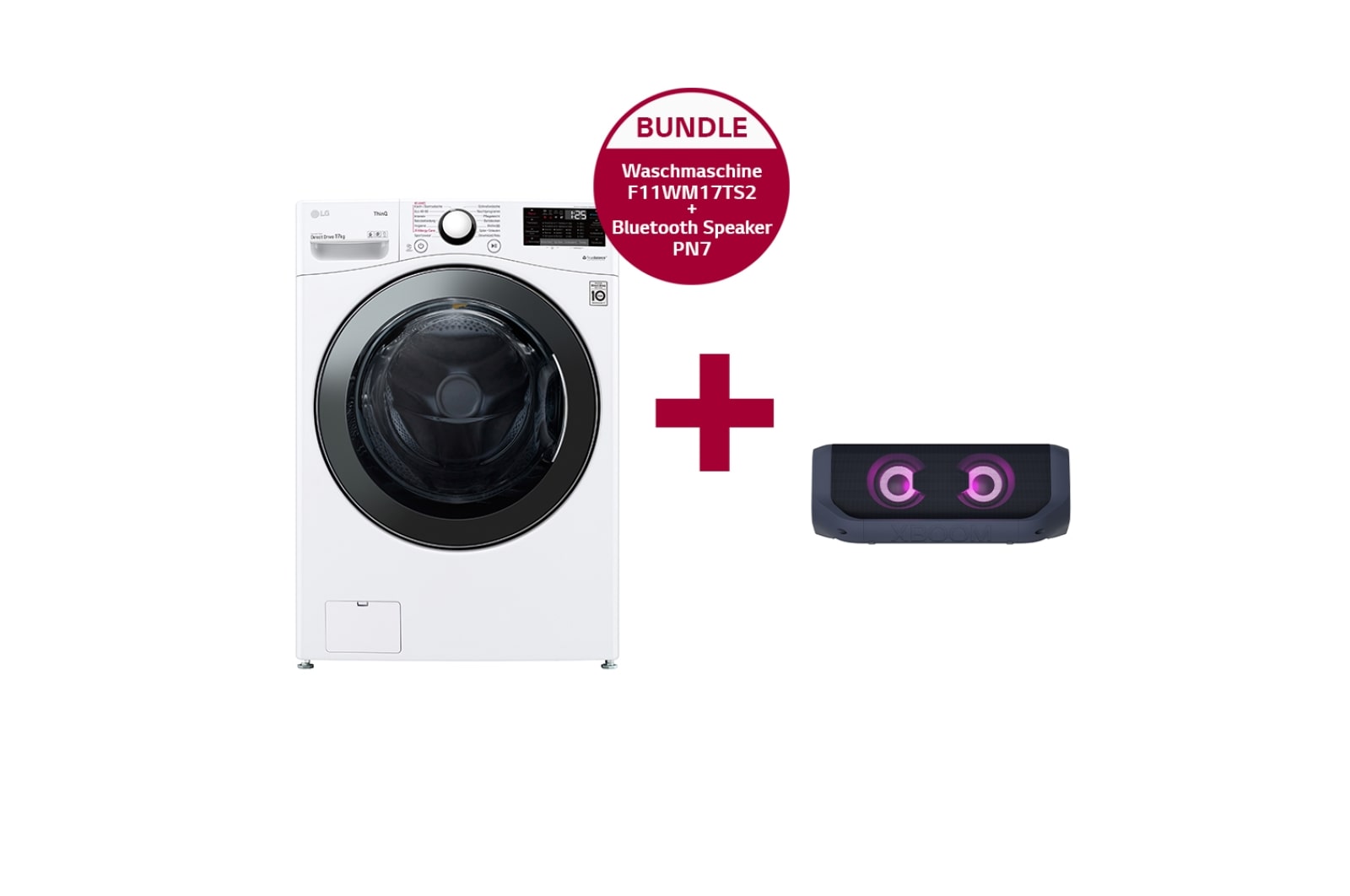 Vorderseite von Waschmaschine mit 17 kg Kapazität | F11WM17TS2 & LG XBOOM Go PN7 Bluetooth Speaker F11WM17TS2 PN7