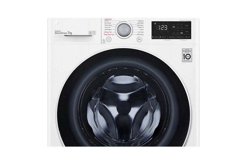 LG Waschmaschine mit 7 kg Kapazität | Energieeffizienzklasse D | 1.200 U./Min. | Weiß mit weißem Bullaugenring | SLIM FIT | F2V3SLIM7  , F2V3SLIM7