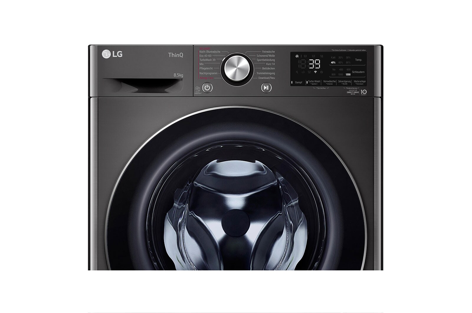 LG Waschmaschine mit 8,5 kg Kapazität | Slim Fit | Energieeffizienzklasse A | 1.200 U./Min. | Black Steel mit chrom Bullaugenring | F2WV9082B, F2WV9082B