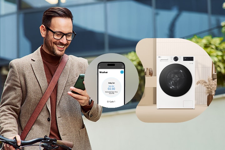 Ein Mann steuert die LG Waschmaschine per Fernbedienung über eine thinq-App	