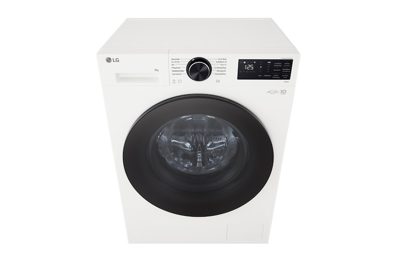 Ein Bild, das eine Waschmaschine im Wohnzimmer mit einer A-Bewertung für Energieeffizienz daneben zeigt und 30 % weniger Strom verbraucht