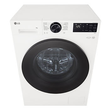 Ein Bild, das eine Waschmaschine im Wohnzimmer mit einer A-Bewertung für Energieeffizienz daneben zeigt und 30 % weniger Strom verbraucht