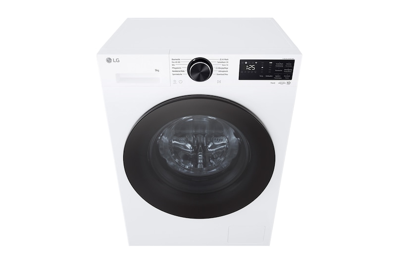 Ein Bild, das eine Waschmaschine im Wohnzimmer mit einer A-Bewertung für Energieeffizienz daneben zeigt und 30 % weniger Strom verbraucht