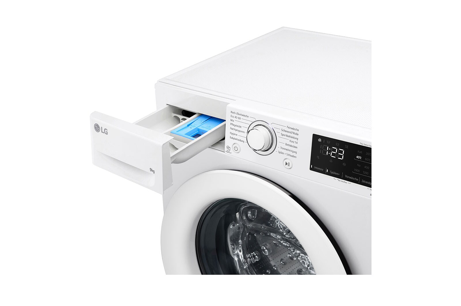 LG Waschmaschine mit 9 kg Kapazität | Energieeffizienzklasse A | 1.400 U./Min. | Weiß mit silbernem Bullaugenring | F4NV3193, F4NV3193
