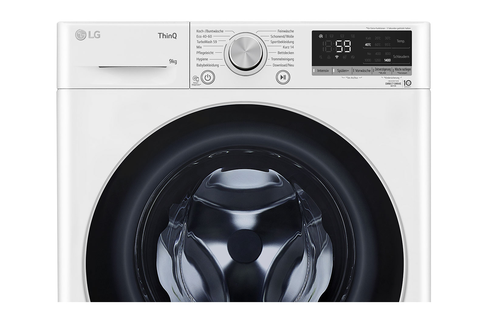 LG Waschmaschine mit 9 kg Kapazität | Energieeffizienzklasse A | 1.400 U./Min. | Weiß mit schwarzem Bullaugenring | F4NV7091, F4NV7091