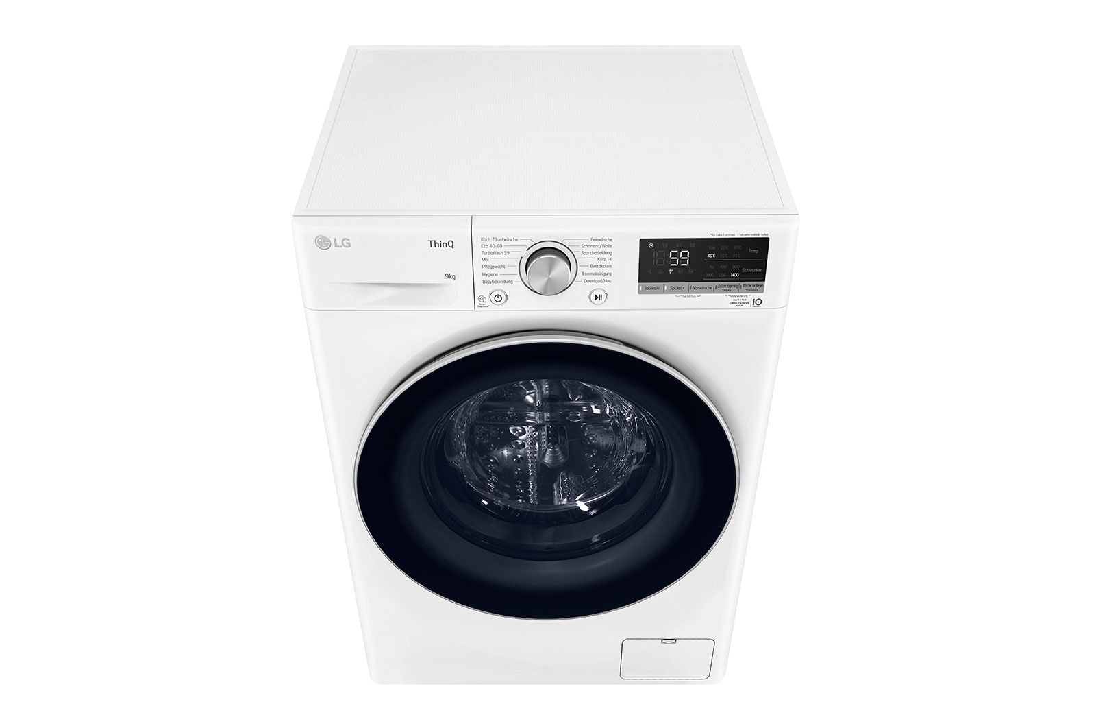 LG Waschmaschine mit 9 kg Kapazität | Energieeffizienzklasse A | 1.400 U./Min. | Weiß mit schwarzem Bullaugenring | F4NV7091, F4NV7091