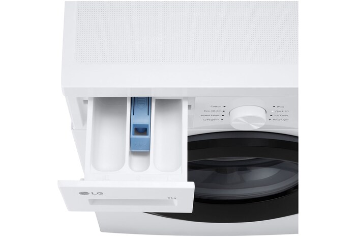 Bild von oben Frontlader-Waschmaschine Waschmittel offenen Tür