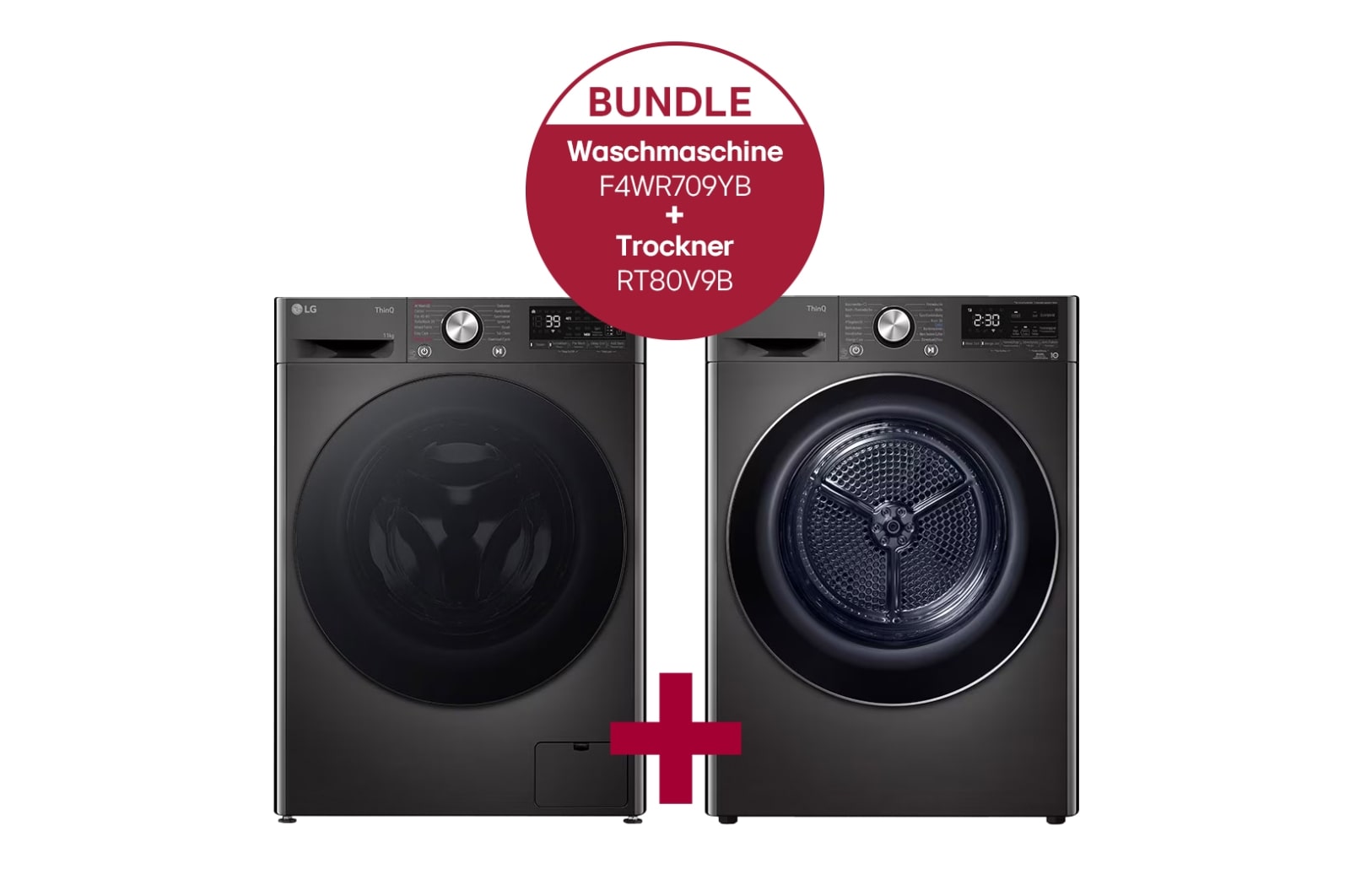 Vorderseite von Schwarze Waschmaschine (9 kg, 1.400 U./Min.) und Trockner (8 kg) im Set | F4WR709YB.RT80V9B F4WR709YB.RT80V9B