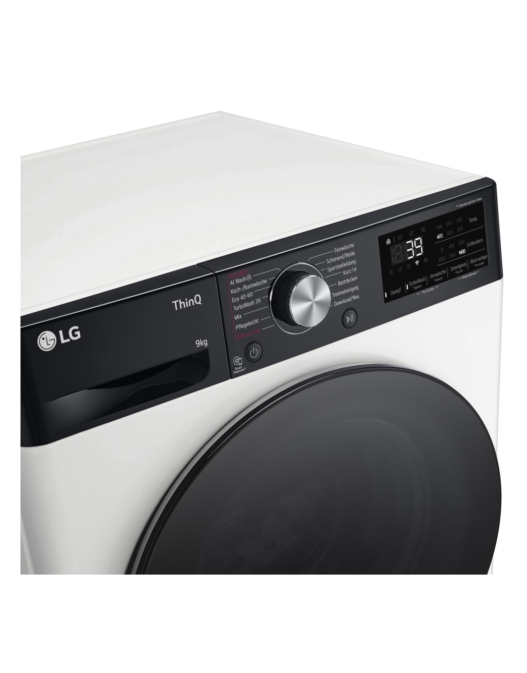 LG Waschmaschine mit 9 kg Kapazität | EKK A | 1400 U./Min. | Weiß mit schwarzem Bullaugenring | F4WR709YP, F4WR709YP