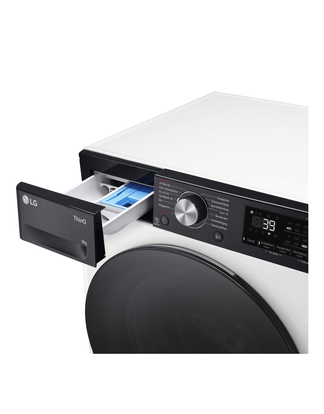 LG Waschmaschine mit 9 kg Kapazität | EKK A | 1400 U./Min. | Weiß mit schwarzem Bullaugenring | F4WR709YP, F4WR709YP