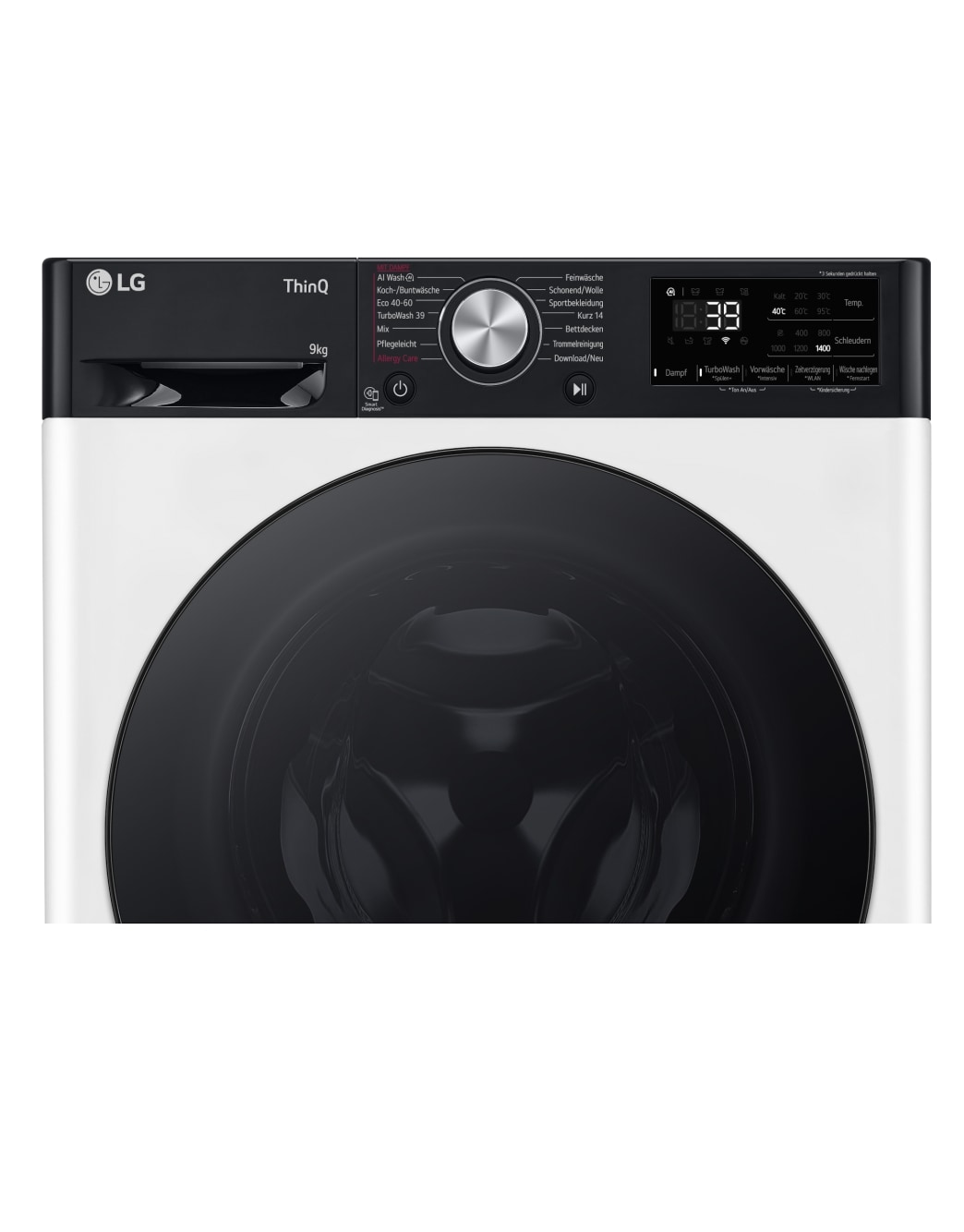 LG Waschmaschine mit 9 kg Kapazität | EKK A | 1400 U./Min. | Weiß mit schwarzem Bullaugenring | F4WR709YP, F4WR709YP