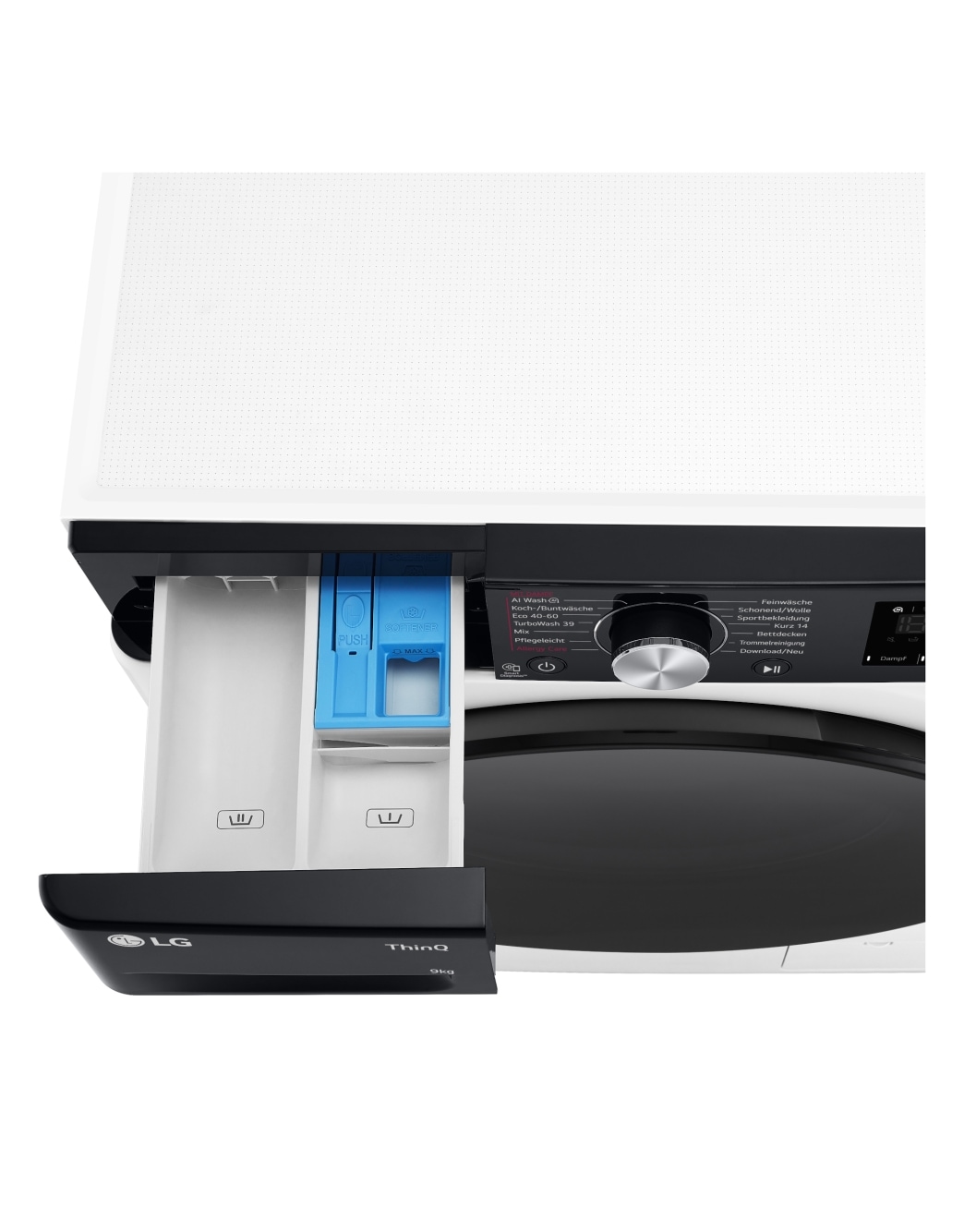 LG Waschmaschine mit 9 kg Kapazität | EKK A | 1400 U./Min. | Weiß mit schwarzem Bullaugenring | F4WR709YP, F4WR709YP