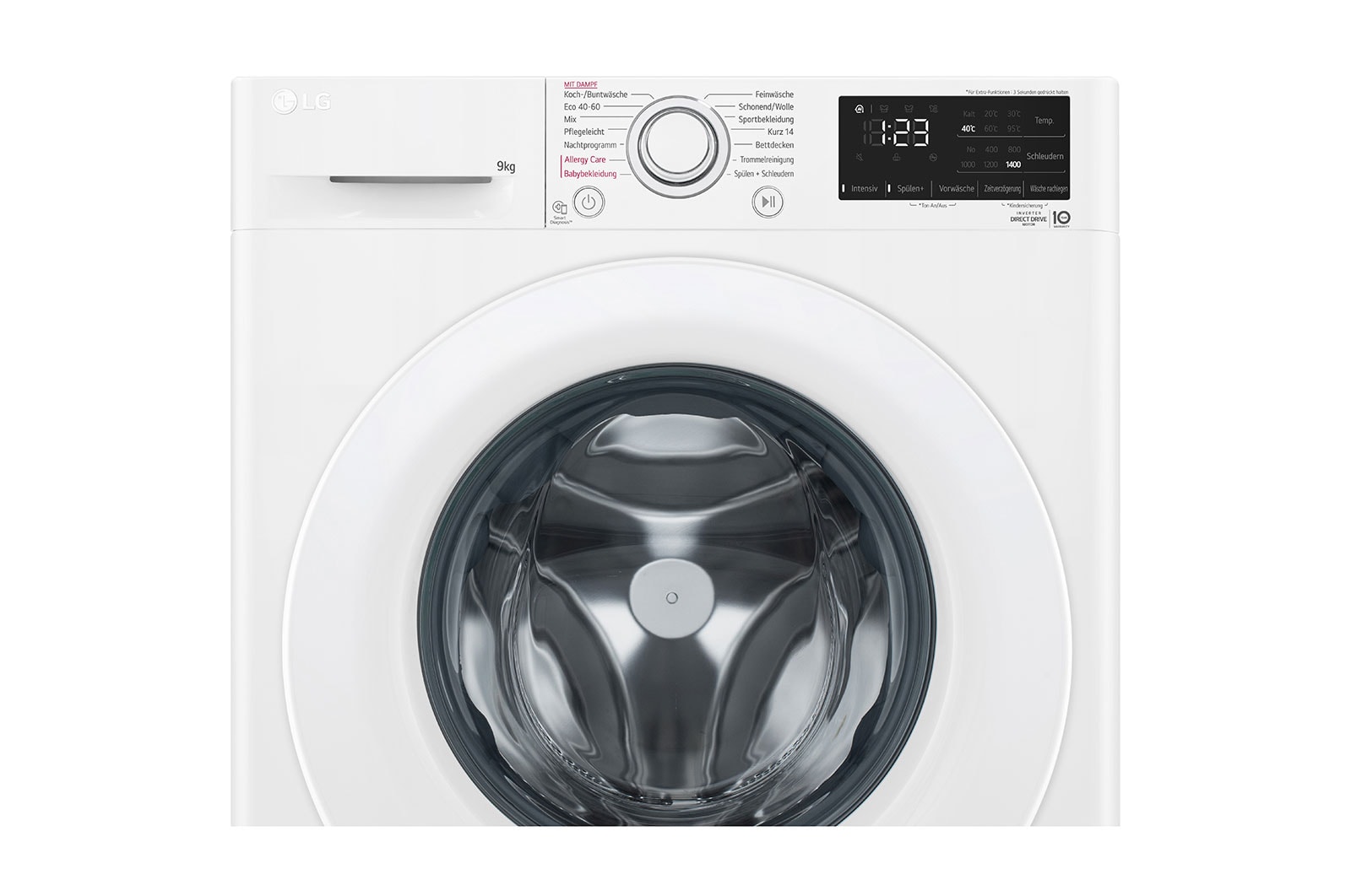 LG Waschmaschine mit 9 kg Kapazität | Energieeffizienzklasse A | 1.400 U./Min. | Weiß mit weißem Bullaugenring  |  F4WV3193, F4WV3193