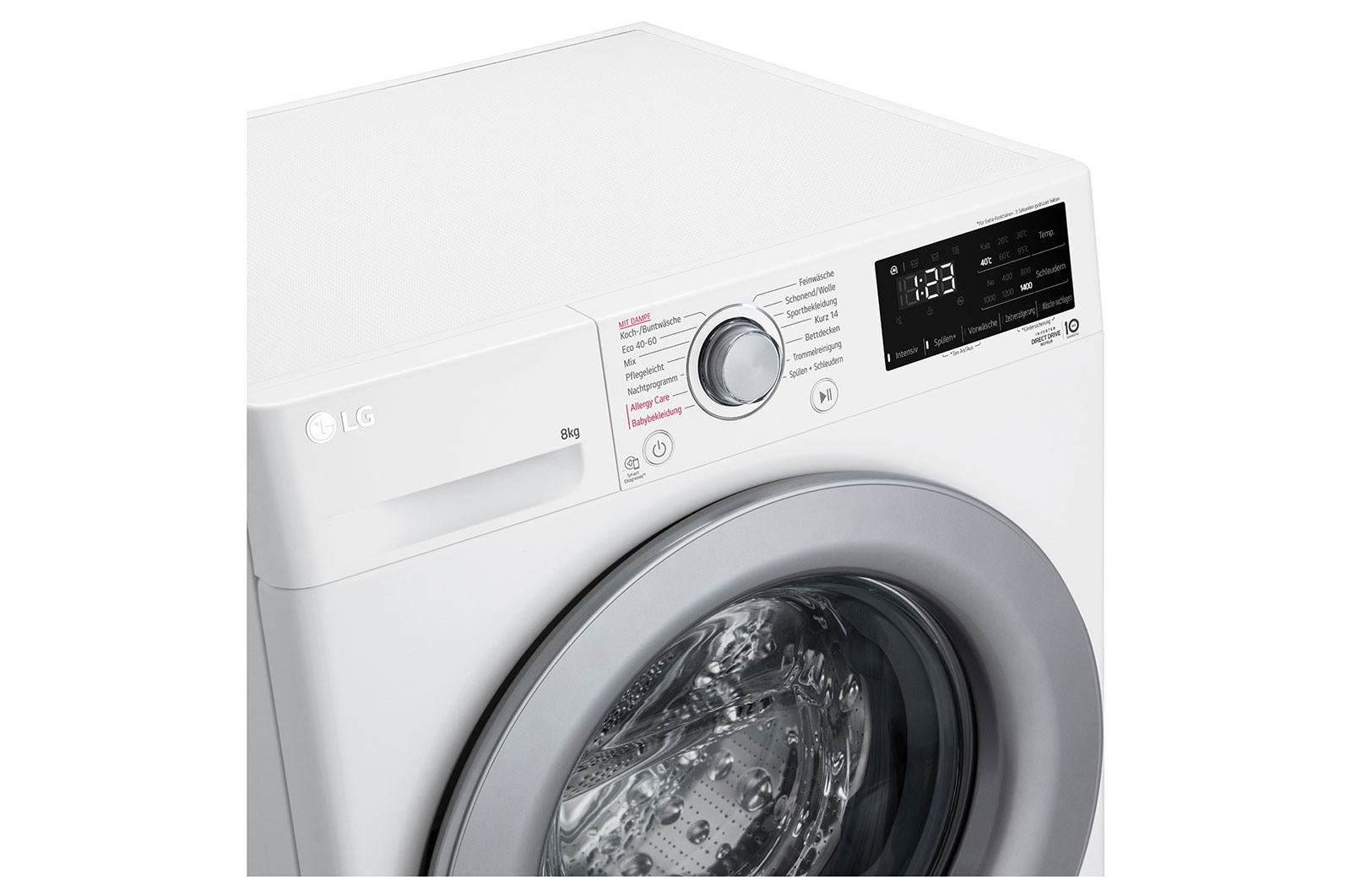 LG Waschmaschine mit 9 kg Kapazität | Energieeffizienzklasse A | 1.400 U./Min. | Weiß mit silbernem Bullaugenring | F4WV3294, F4WV3294
