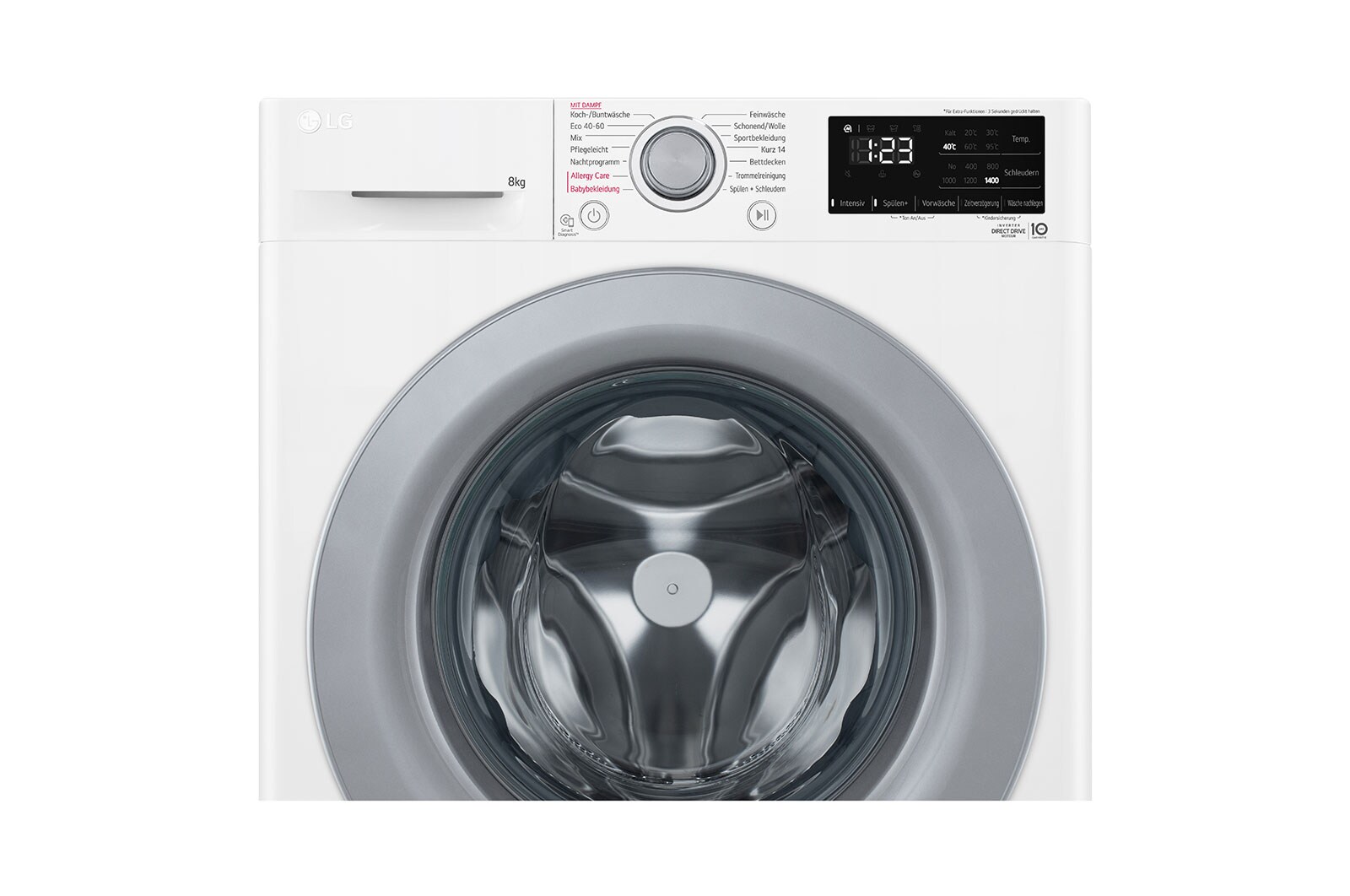LG Waschmaschine mit 9 kg Kapazität | Energieeffizienzklasse A | 1.400 U./Min. | Weiß mit silbernem Bullaugenring | F4WV3294, F4WV3294