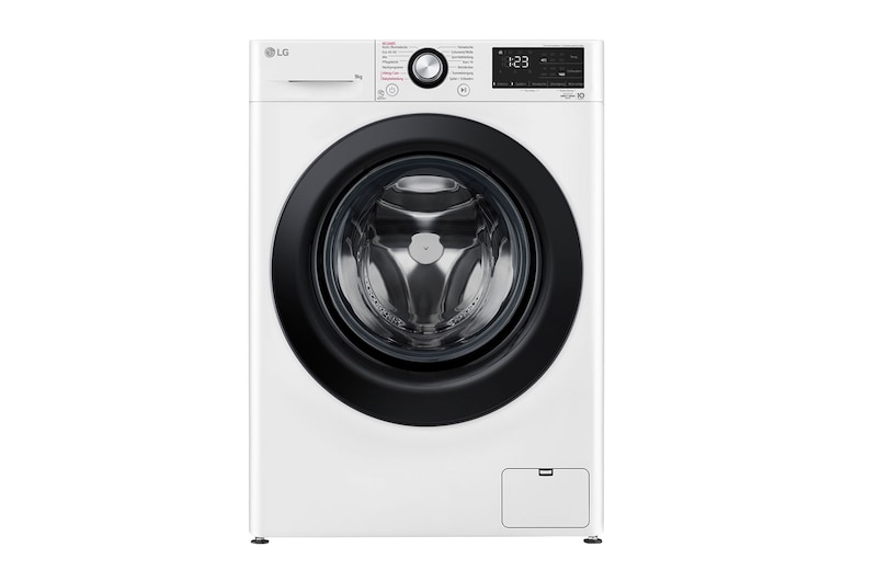Vorderseite von Waschmaschine mit 9 kg Kapazität | Energieeffizienzklasse A | 1.400 U./Min. | Weiß mit schwarzem Bullaugenring | F4WV4095 F4WV4095