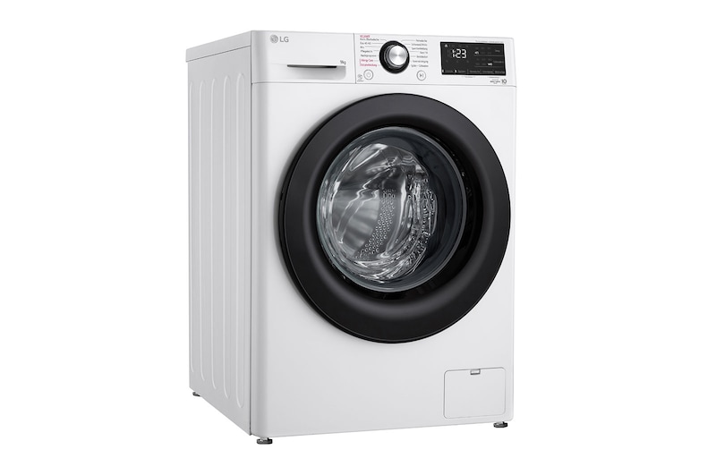 LG Waschmaschine mit 9 kg Kapazität | Energieeffizienzklasse A | 1.400 U./Min. | Weiß mit schwarzem Bullaugenring | F4WV4095, F4WV4095