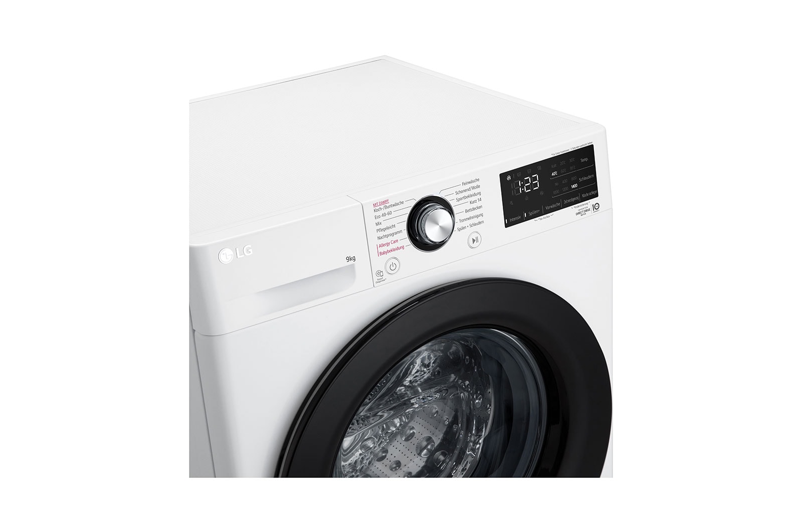 LG Waschmaschine mit 9 kg Kapazität | Energieeffizienzklasse A | 1.400 U./Min. | Weiß mit schwarzem Bullaugenring | F4WV4095, F4WV4095