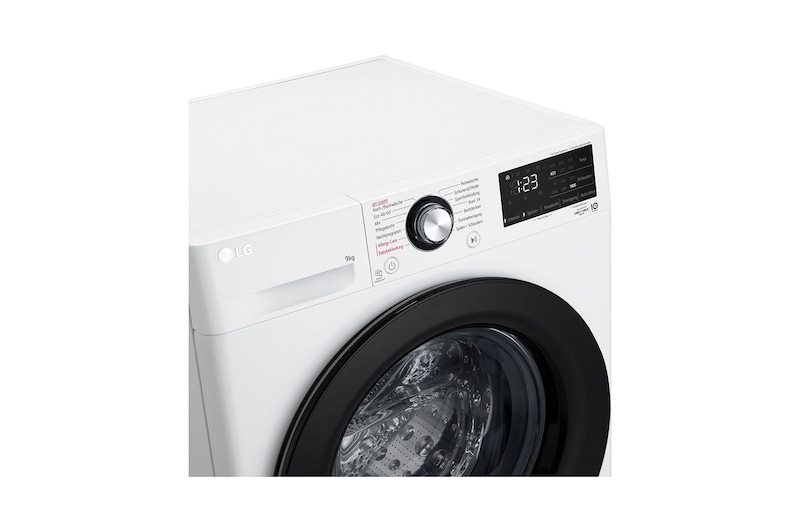 LG Waschmaschine mit 9 kg Kapazität | Energieeffizienzklasse A | 1.400 U./Min. | Weiß mit schwarzem Bullaugenring | F4WV4095, F4WV4095