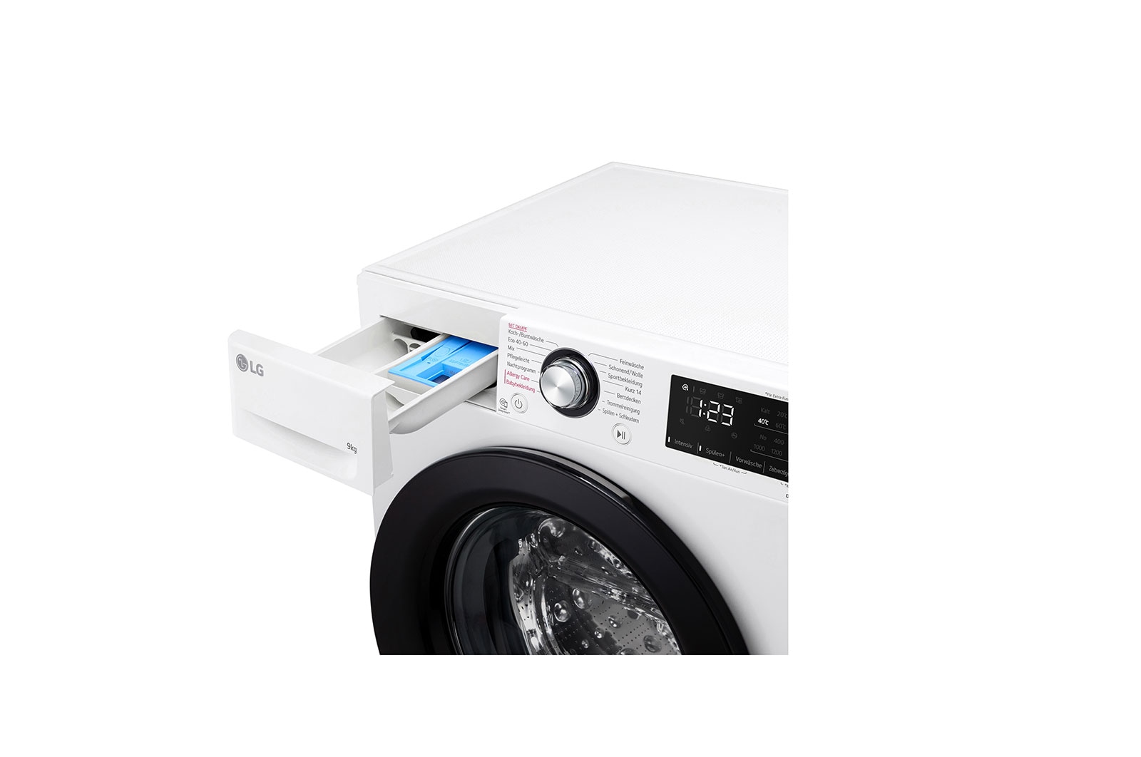LG Waschmaschine mit 9 kg Kapazität | Energieeffizienzklasse A | 1.400 U./Min. | Weiß mit schwarzem Bullaugenring | F4WV4095, F4WV4095