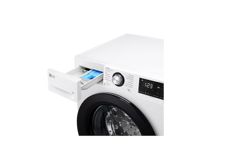 LG Waschmaschine mit 9 kg Kapazität | Energieeffizienzklasse A | 1.400 U./Min. | Weiß mit schwarzem Bullaugenring | F4WV4095, F4WV4095