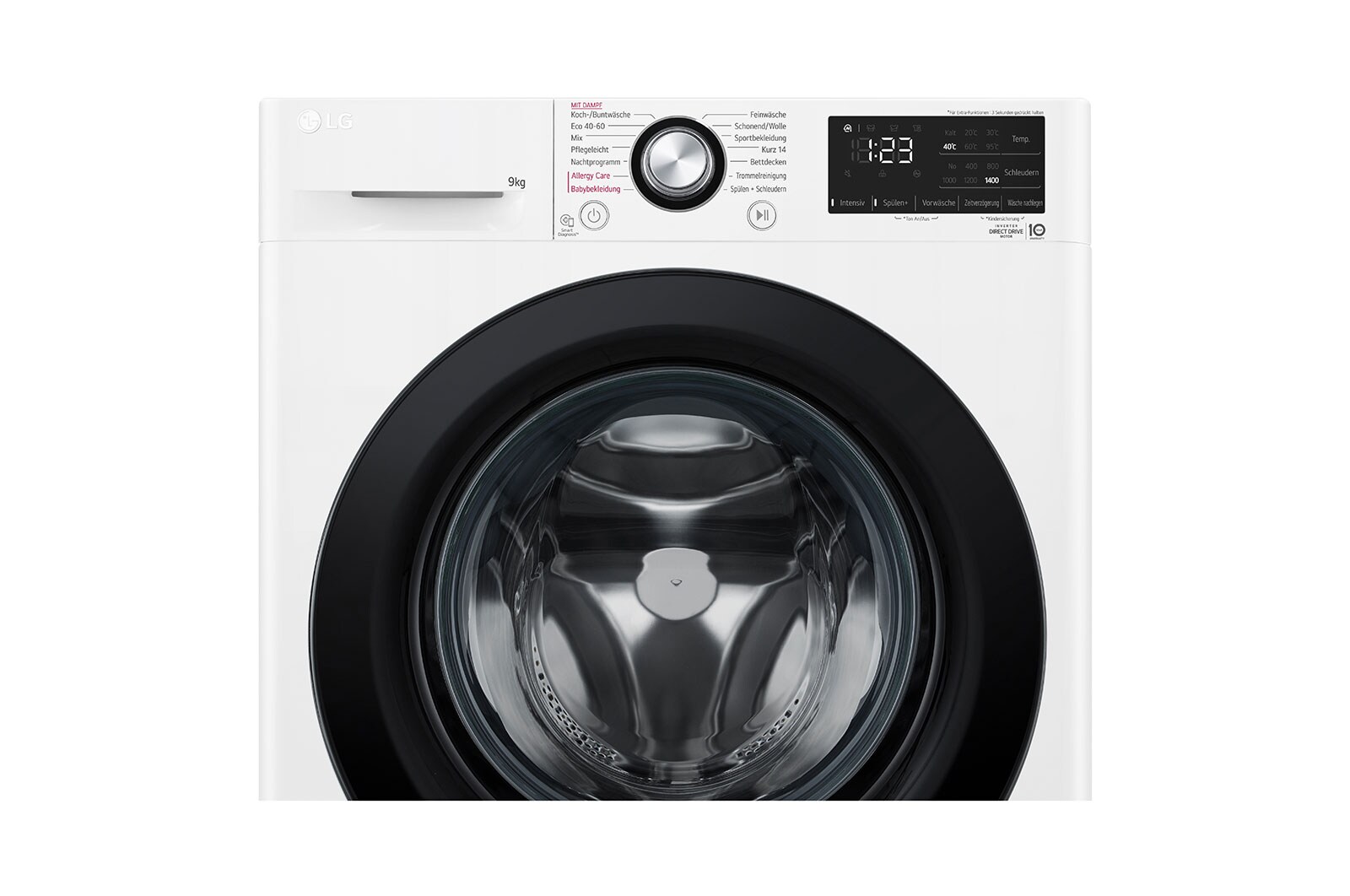 LG Waschmaschine mit 9 kg Kapazität | Energieeffizienzklasse A | 1.400 U./Min. | Weiß mit schwarzem Bullaugenring | F4WV4095, F4WV4095