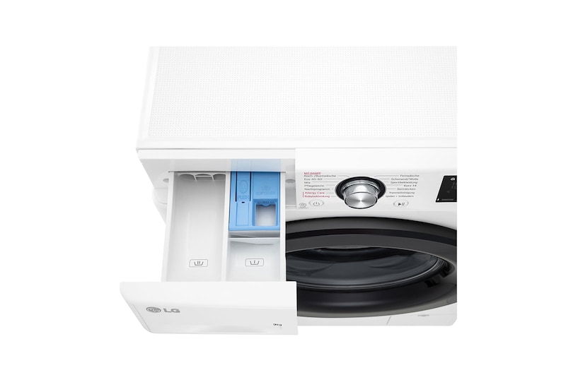 LG Waschmaschine mit 9 kg Kapazität | Energieeffizienzklasse A | 1.400 U./Min. | Weiß mit schwarzem Bullaugenring | F4WV4095, F4WV4095
