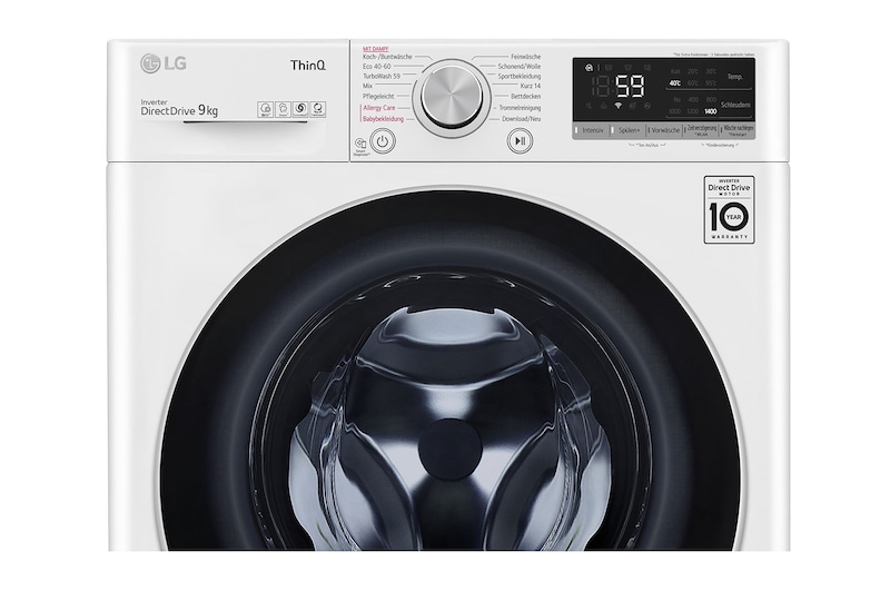 LG Waschmaschine mit 9 kg Kapazität | Energieeffizienzklasse A | 1.400 U./Min. | Weiß mit silbernem Bullaugenring | F4WV609S1A, F4WV609S1A