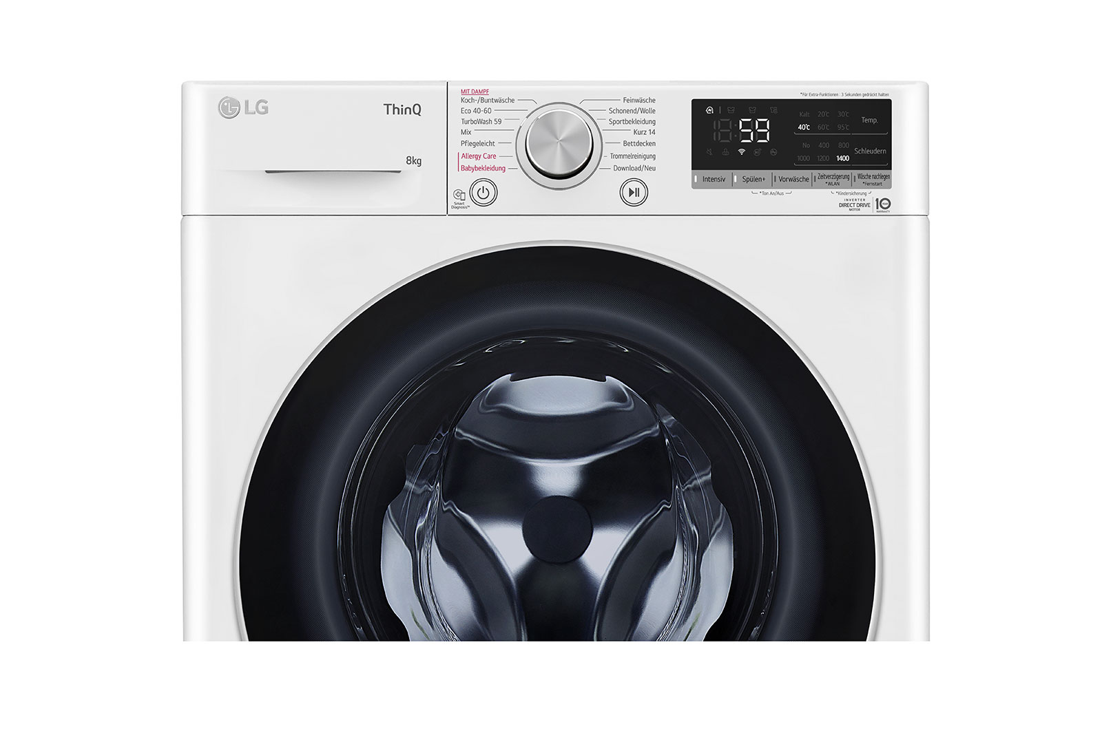 LG Waschmaschine mit 8 kg Kapazität | Energieeffizienzklasse A | 1.400 U./Min. | Weiß mit schwarzem Bullauge | F4WV7081, F4WV7081