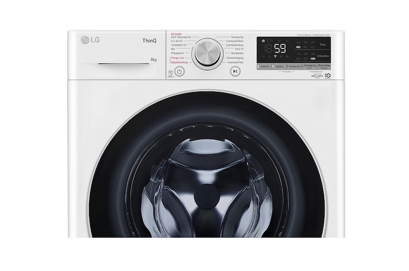 LG Waschmaschine mit 8 kg Kapazität | Energieeffizienzklasse A | 1.400 U./Min. | Weiß mit schwarzem Bullauge | F4WV7081, F4WV7081