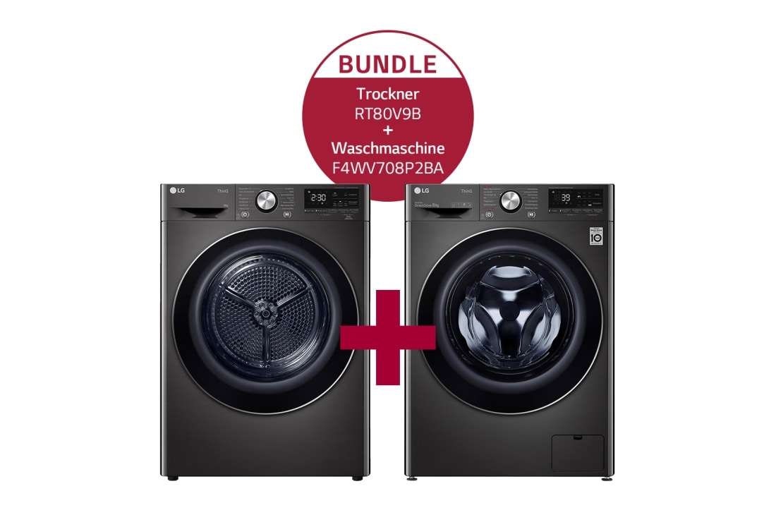 LG Schwarze Waschmaschine (8 kg, 1.400 U./Min.) und Trockner (8kg) im Set | F4WV708P2BA.RT80V9B, F4WV708P2BA.RT80V9B