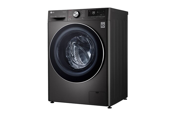 LG Waschmaschine Metallic Black Steel (9 kg, 1.400 U./Min., EEK A) mit Chrom-Bullaugenring | F4WV709P2BA, F4WV709P2BA