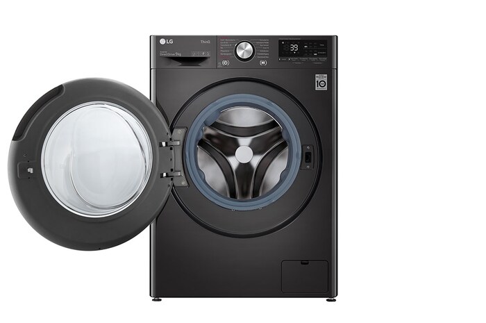LG Waschmaschine Metallic Black Steel (9 kg, 1.400 U./Min., EEK A) mit Chrom-Bullaugenring | F4WV709P2BA, F4WV709P2BA