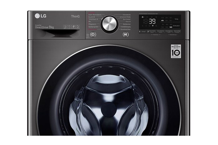LG Waschmaschine Metallic Black Steel (9 kg, 1.400 U./Min., EEK A) mit Chrom-Bullaugenring | F4WV709P2BA, F4WV709P2BA