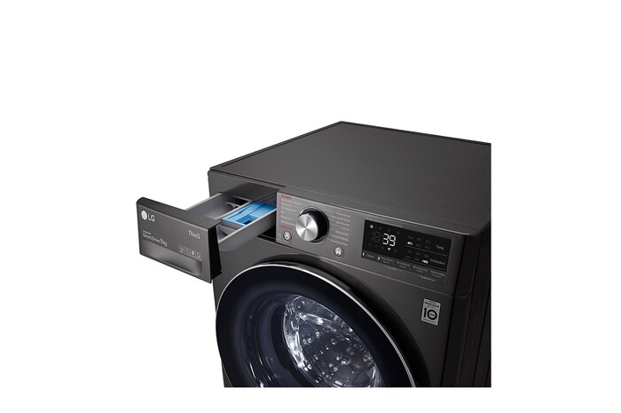 LG Waschmaschine Metallic Black Steel (9 kg, 1.400 U./Min., EEK A) mit Chrom-Bullaugenring | F4WV709P2BA, F4WV709P2BA