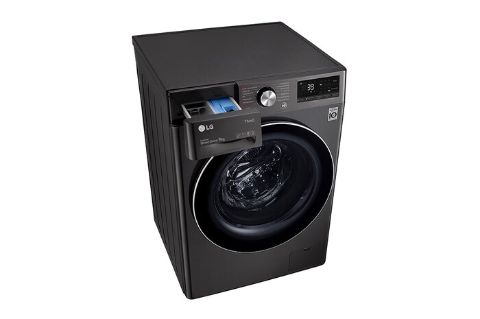 LG Waschmaschine Metallic Black Steel (9 kg, 1.400 U./Min., EEK A) mit Chrom-Bullaugenring | F4WV709P2BA, F4WV709P2BA