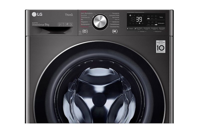 LG Waschmaschine Metallic Black Steel (9 kg, 1.400 U./Min., EEK A) mit Chrom-Bullaugenring | F4WV709P2BA, F4WV709P2BA