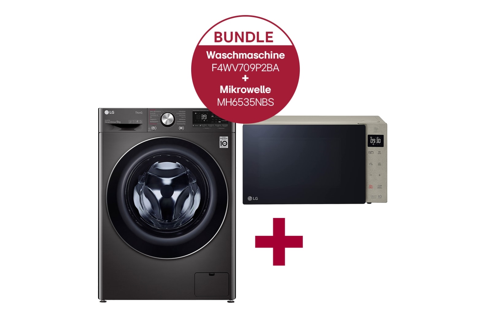 Vorderseite von Waschmaschine mit 9 kg Kapazität | Energieeffizienzklasse A | Metallic Black  Steel mit Chrom-Bullaugenring | F4WV709P2BA &amp; Mikrowelle mit Smart Inverter Technologie |  Quarzgrill-Technologie | 25 Liter Kapazität | Tür aus echtem Glas | MH6535NBS F4WV709P2BA.MH6535N