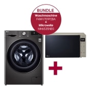 Vorderseite von Waschmaschine mit 9 kg Kapazität | Energieeffizienzklasse A | Metallic Black  Steel mit Chrom-Bullaugenring | F4WV709P2BA &amp; Mikrowelle mit Smart Inverter Technologie |  Quarzgrill-Technologie | 25 Liter Kapazität | Tür aus echtem Glas | MH6535NBS F4WV709P2BA.MH6535N