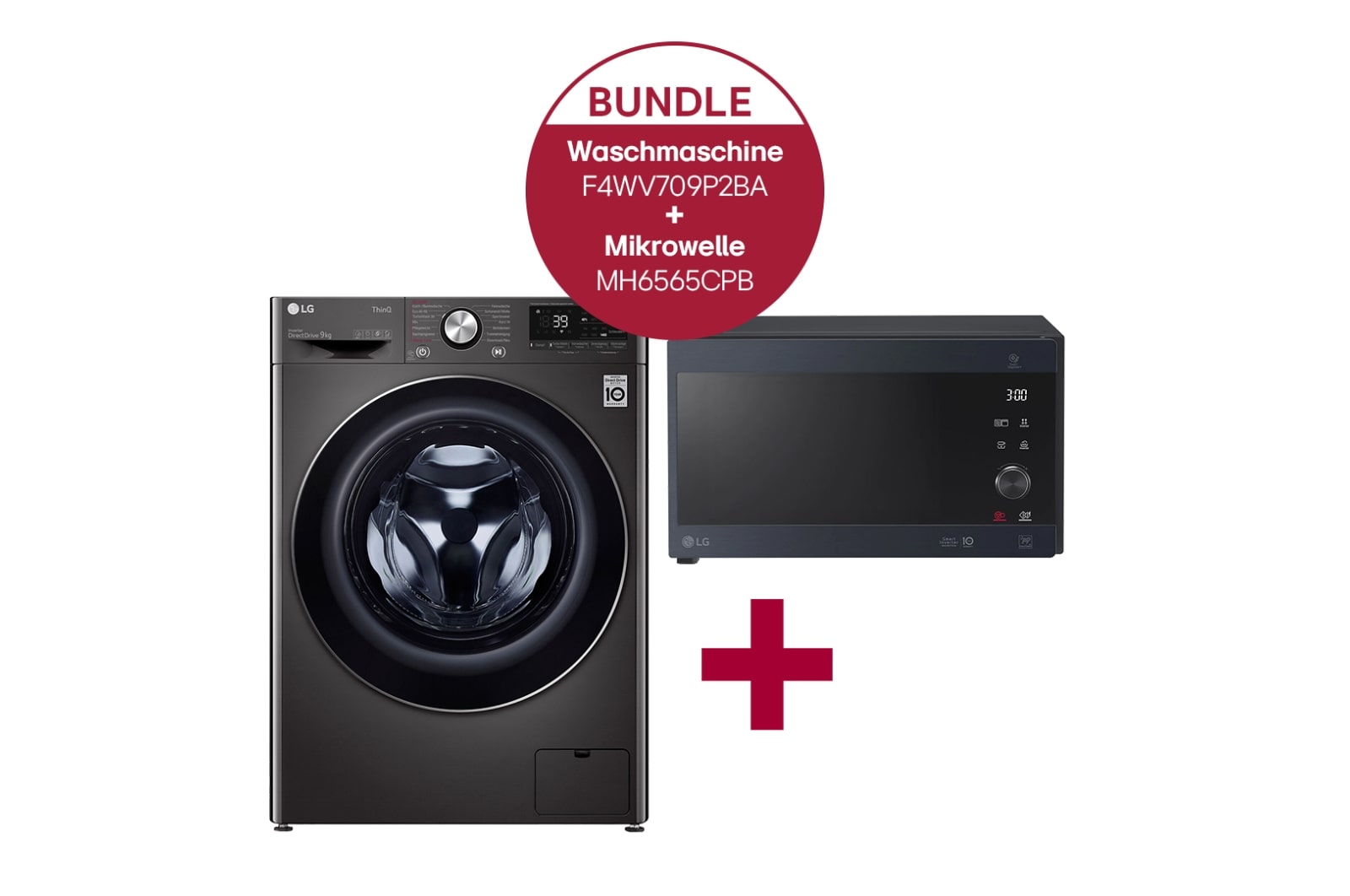 Vorderseite von Waschmaschine mit 9 kg Kapazität | Energieeffizienzklasse A | Metallic Black  Steel mit Chrom-Bullaugenring | F4WV709P2BA &amp; Mikrowelle mit Smart Inverter  Technologie I Quarz Grill I 25 Liter Kapazität | Leistung: 1000 Watt | MH6565CPB F4WV709P2BA.MH65CPB