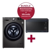 Vorderseite von Waschmaschine mit 9 kg Kapazität | Energieeffizienzklasse A | Metallic Black  Steel mit Chrom-Bullaugenring | F4WV709P2BA &amp; Mikrowelle mit Smart Inverter  Technologie I Quarz Grill I 25 Liter Kapazität | Leistung: 1000 Watt | MH6565CPB F4WV709P2BA.MH65CPB