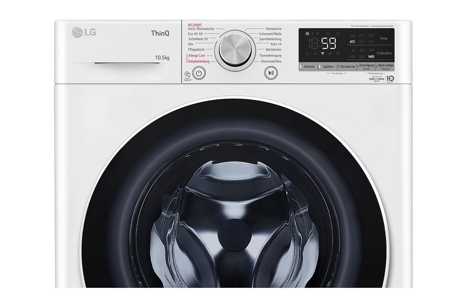 LG Waschmaschine mit 10,5 kg Kapazität | Energieeffizienzklasse A | 1.400 U./Min. | Weiß mit weißem Bullaugenring | F4WV70X0, F4WV70X0