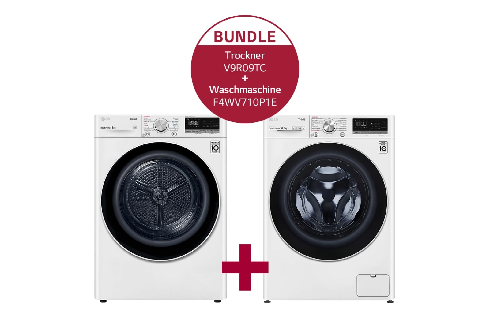 Vorderseite von Waschmaschine mit AI DD® | 10,5 kg | Energieeffizienzklasse A | 1.400 U./Min. | Steam | TurboWash® 360° | Wi-Fi-Funktion  &amp; Trockner mit Dual Inverter Wärmepumpentechnologie | 9 kg Fassungsvermögen | Wi-Fi-Funktion | V9R09TC F4WV710P1E.V9R09TC