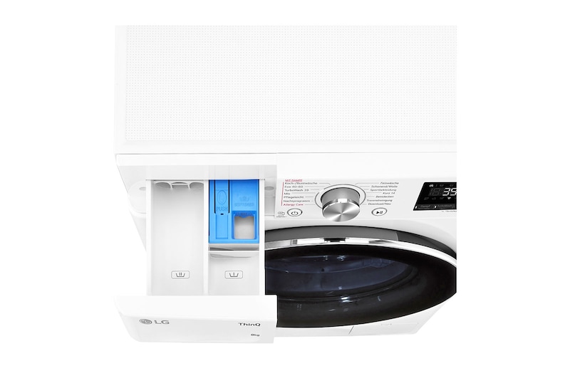 LG Waschmaschine mit 8 kg Kapazität | Energieeffizienzklasse A | 1.400 U./Min. | Weiß mit Chrom-Bullaugenring | F4WV908P2C, F4WV908P2C