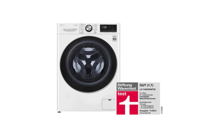 LG Waschmaschine mit 8 kg Kapazität | Energieeffizienzklasse C | 1400 U/Min. | Weiß mit Chrom-Bullaugenring | F4WV908P2E, F4WV908P2E
