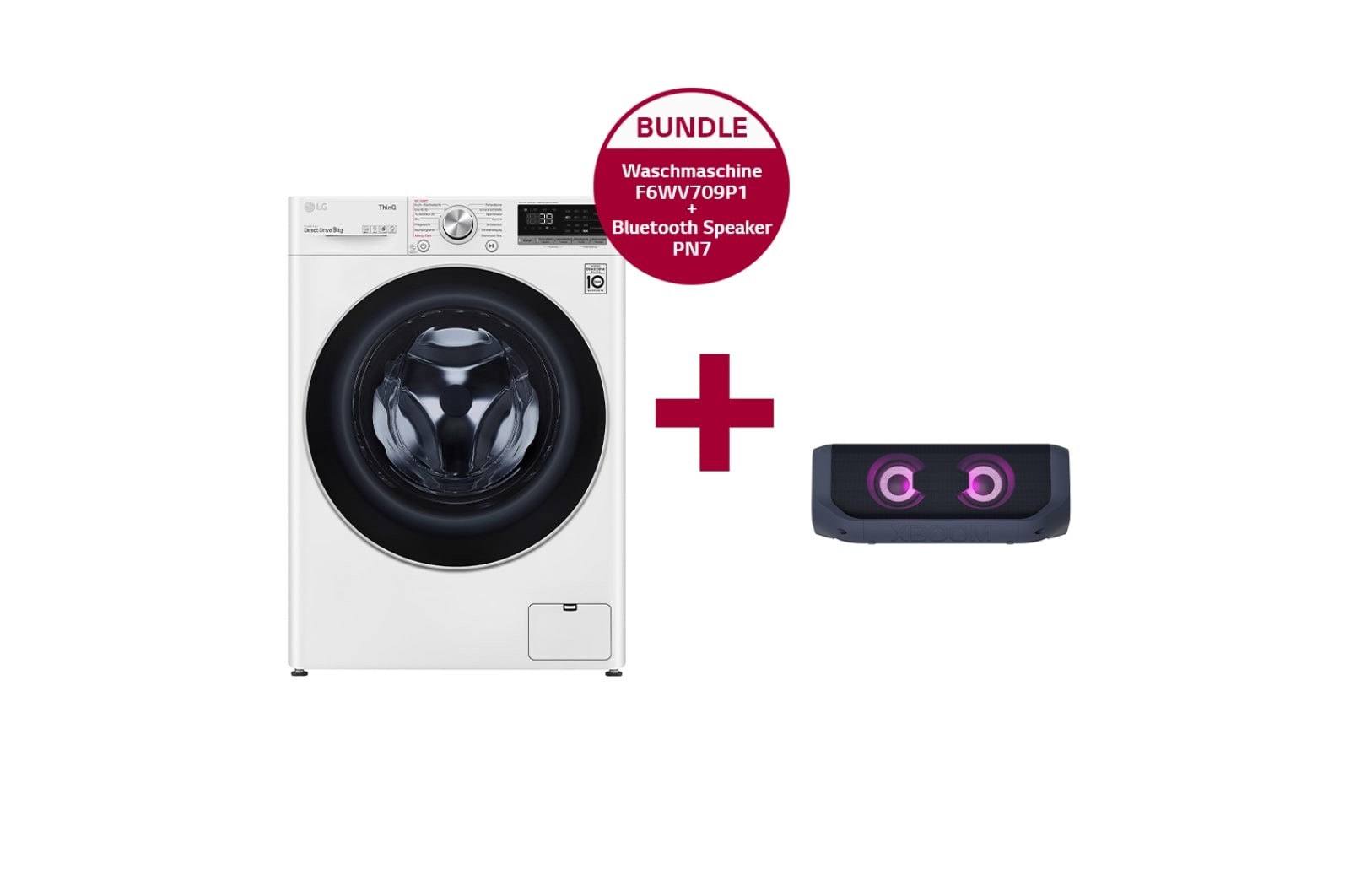 Vorderseite von Waschmaschine (9 kg, 1.600 U./Min. ) &amp; LG XBOOM Go PN7 Bluetooth Speaker im Set | F6WV709P1.PN7 F6WV709P1 PN7