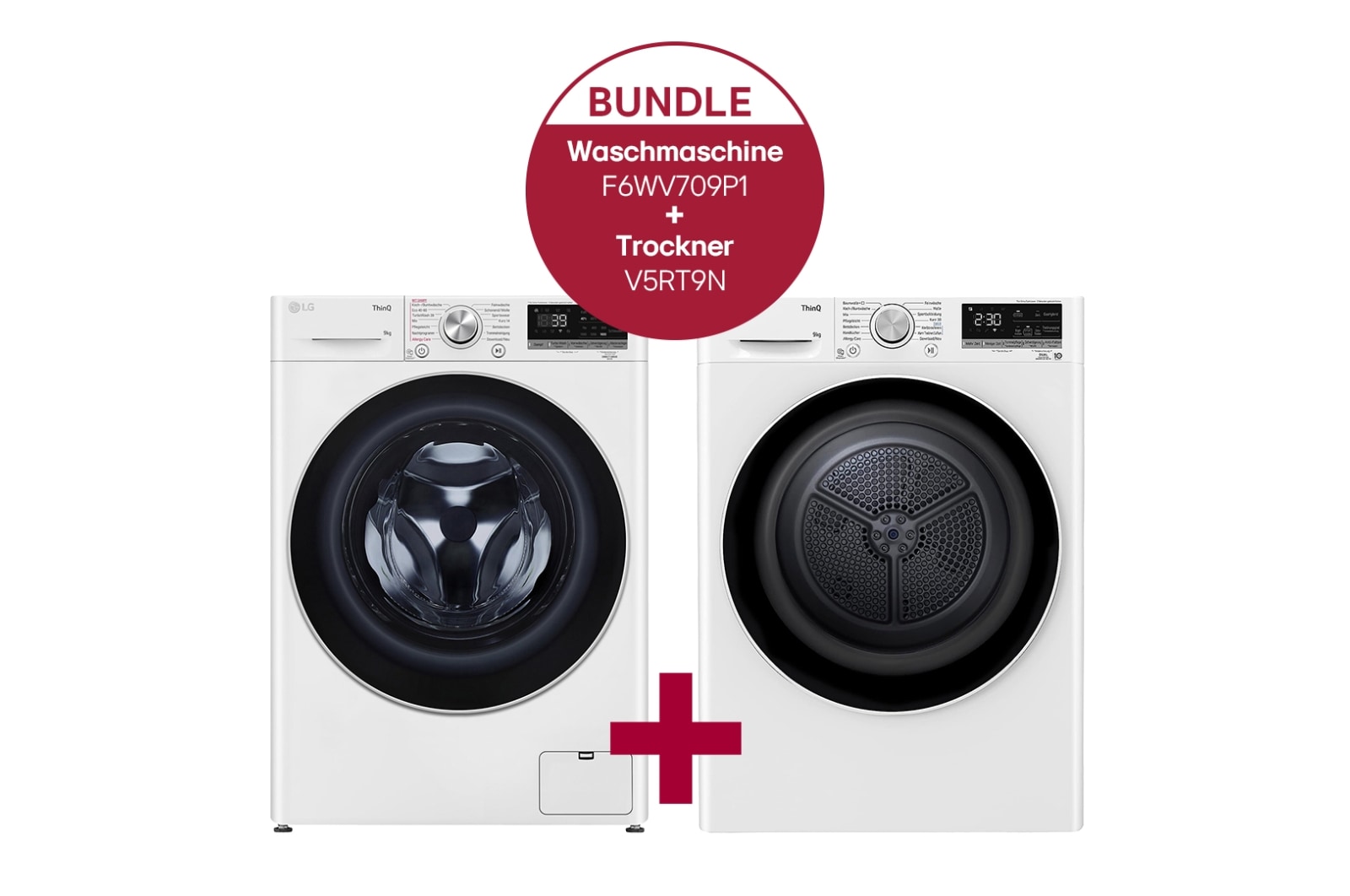 Vorderseite von Waschmaschine mit AI DD® | 9 kg | EEK A | 1.600 U./Min. | Steam | F6WV709P1 &amp; Trockner mit Dual Inverter Wärmepumpentechnologie &amp; Sicherheitsglastür | EEK A&#43;&#43; | V5RT9N F6WV709P1.V5RT9N