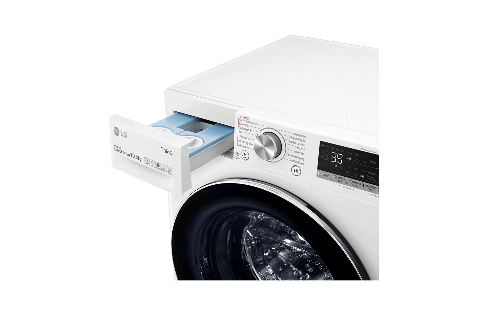 LG Waschmaschine mit 10,5 kg Kapazität | Energieeffizienzklasse A | 1.600 U/Min. | Weiß mit weißem Bullaugenring | F6WV710AT2, F6WV710AT2