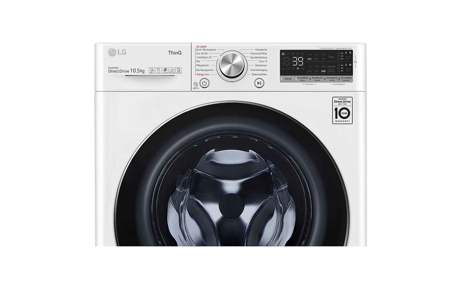 LG Waschmaschine mit 10,5 kg Kapazität | Energieeffizienzklasse A | 1.600 U/Min. | Weiß mit weißem Bullaugenring | F6WV710AT2, F6WV710AT2